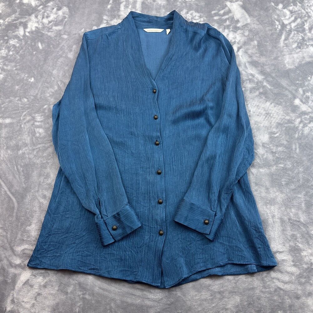 Soft Surroundings Women's Teal Roxanna Cupro Shirt Button Front V-Neck Crinkle L